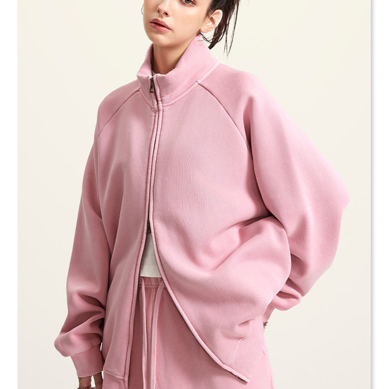 Pink zip-up fleece jacket with raglan sleeves from Langry, perfect winter fashion ملابس