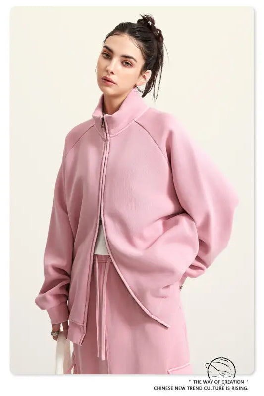 Pink winter heavy retro jacket with zip-up fleece and raglan sleeves
