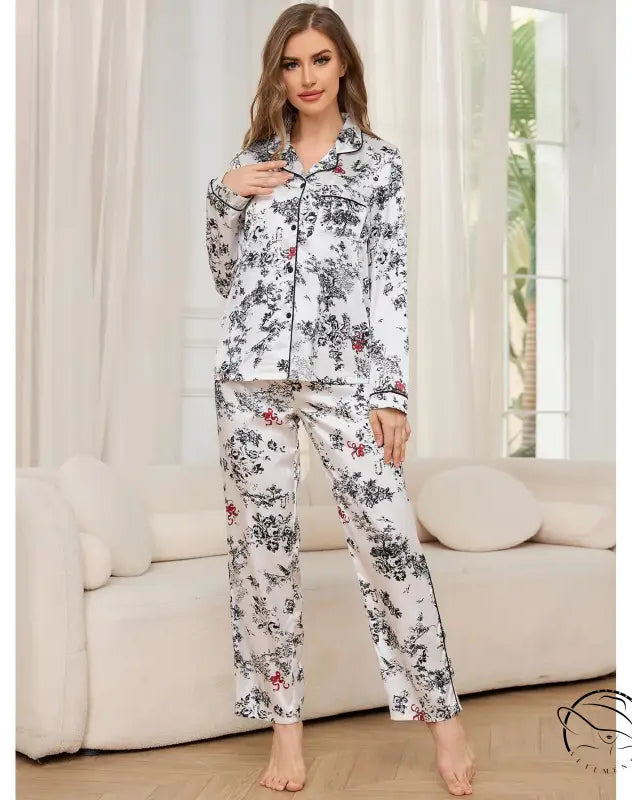 White floral print winter long sleeved trousers home wear pajama set