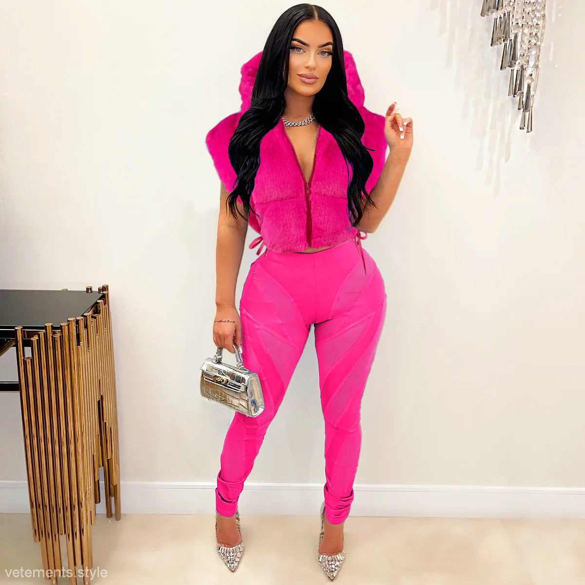 Fashionable hooded short cotton coat in rose red neon pink jumpsuit