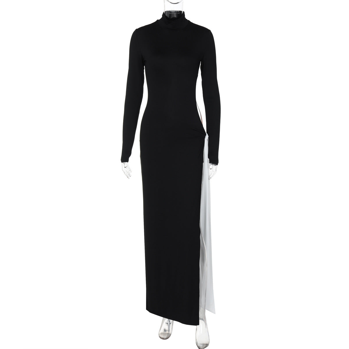 Elegant black long-sleeved maxi dress with side slit from the Gorgeous Slit Ribbon Dress collection, perfect for sophisticated fashion and ملابس