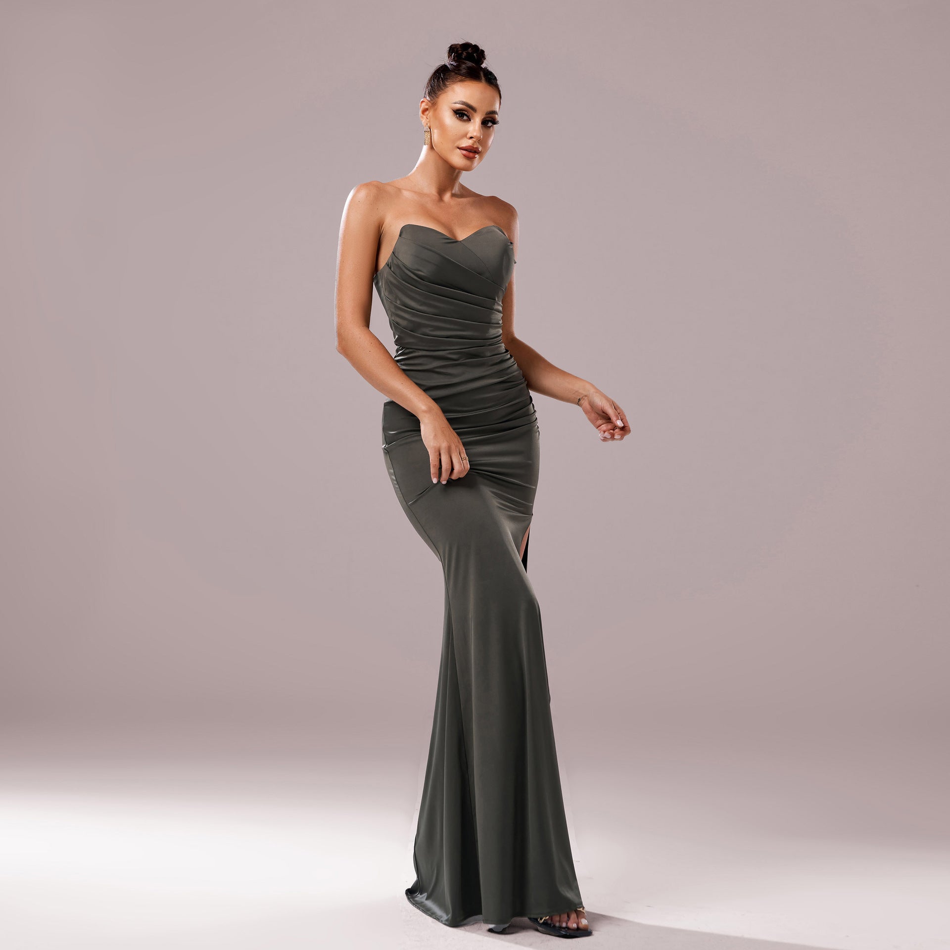 Strapless olive-green gown from Beautiful Sheath Cocktail Evening Dress collection langry fashion