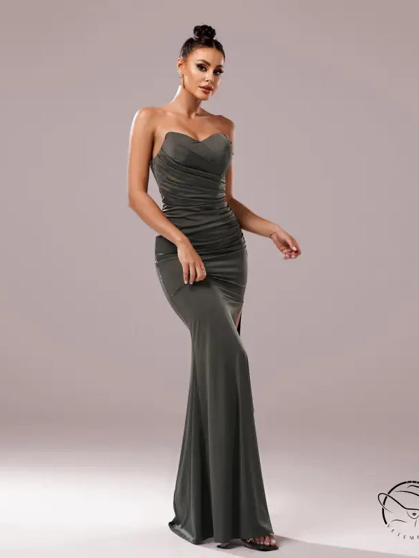 Strapless draped olive-green cocktail evening dress