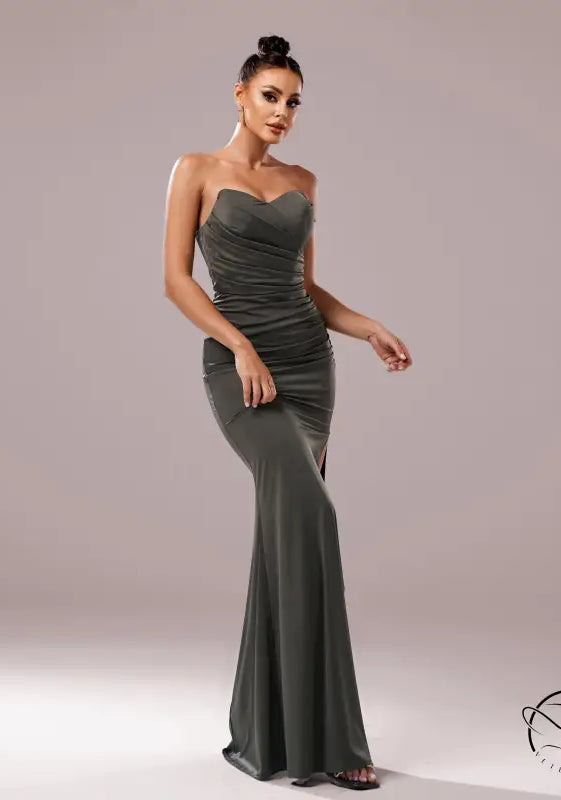 Strapless draped olive-green cocktail evening dress