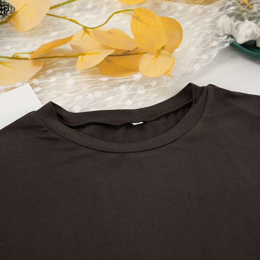 Black crew-neck short-sleeved t-shirt from Knitted round Neck Loose Casual Soft Breathable Pajamas Suit for women