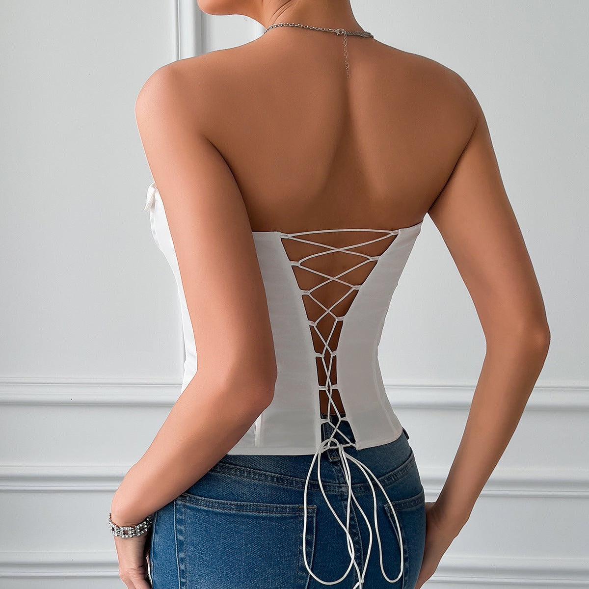 Langry cute lace-up steel ring corset in white fashion bodysuit