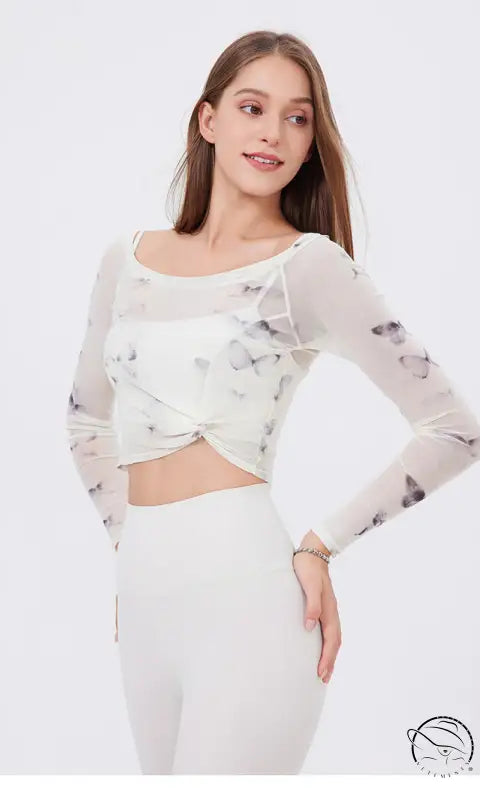 Floral Butterfly Faux Two Piece Sports t Shirt Women Long Sleeve with Chest Pad Yoga Clothes Mesh Top Quick Drying