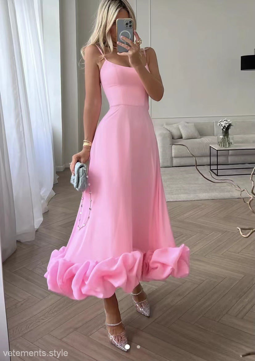 Pink spaghetti strap dress with ruffled hem from THREE DIMENSIONAL FLORAL A LINE DRESS collection