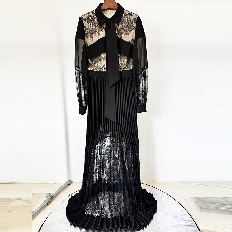 Elegant black lace and pleated dress showcasing high-end fashion for ملابس enthusiasts