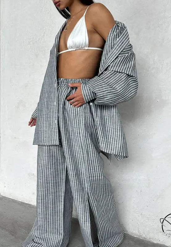 Stylish gray white striped oversized blazer langry fashion suit