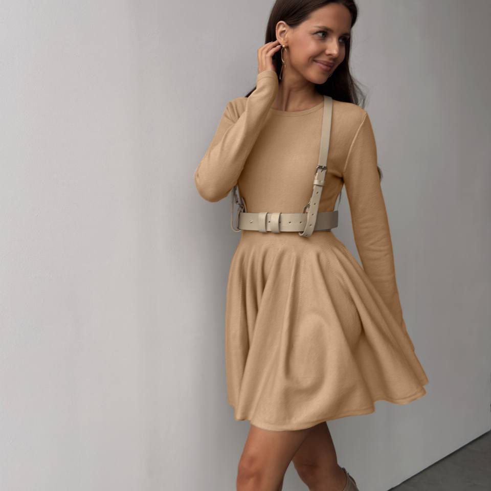 Beautiful woolen knitted long-sleeved dress with belt for stylish winter wear