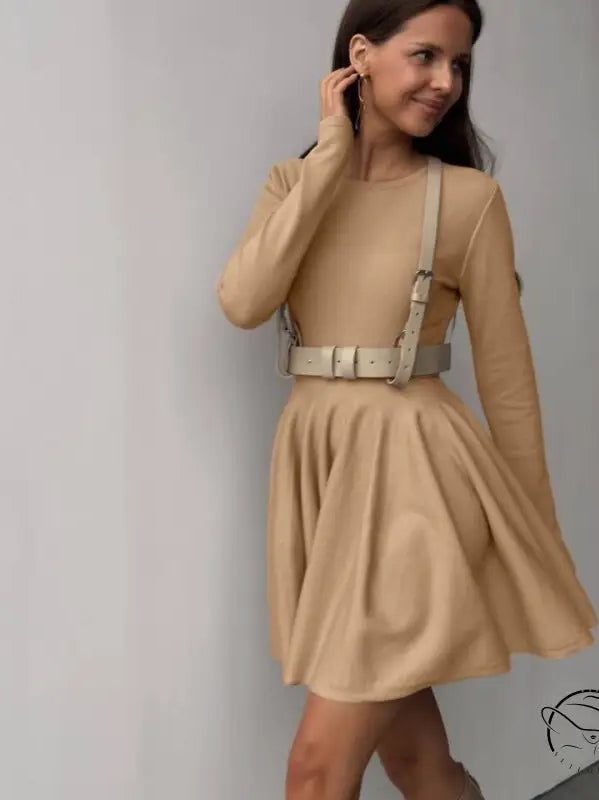 Beautiful woolen knitted tan long-sleeved dress with belt