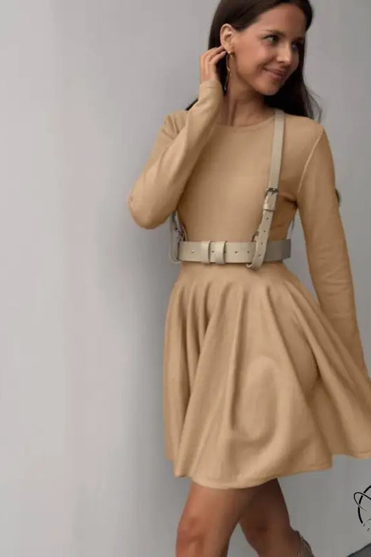 Beautiful woolen knitted tan long-sleeved dress with belt