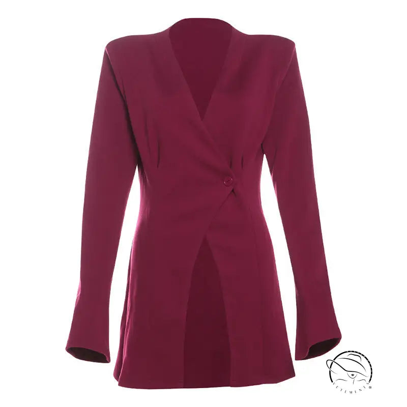 Fashionable maroon wrap-front blazer with high-end design buttons
