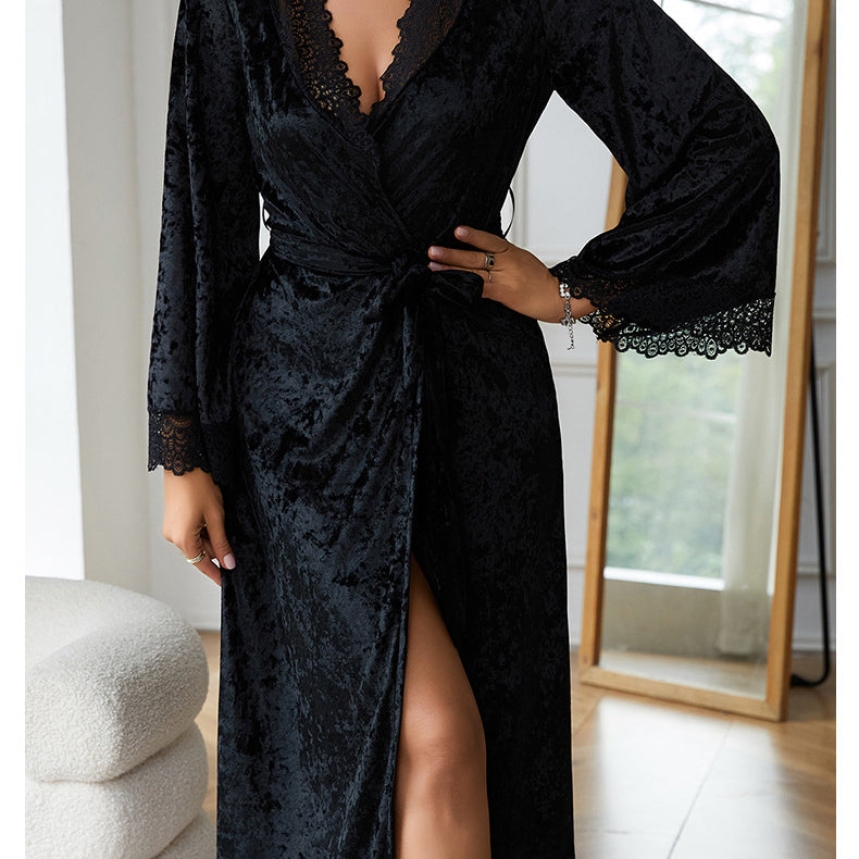 Black velvet wrap robe with lace trim, elegant lengthened bathrobe for home wear and lace light luxury