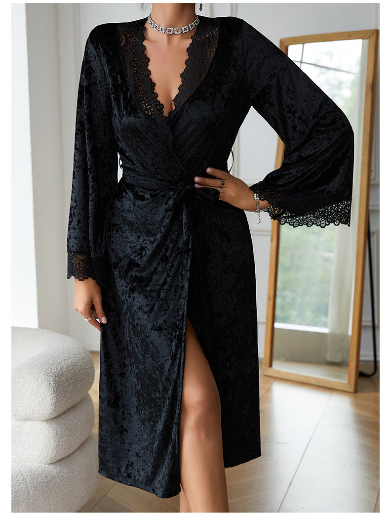 Black velvet wrap robe with lace trim, elegant lengthened bathrobe for home wear and lace light luxury