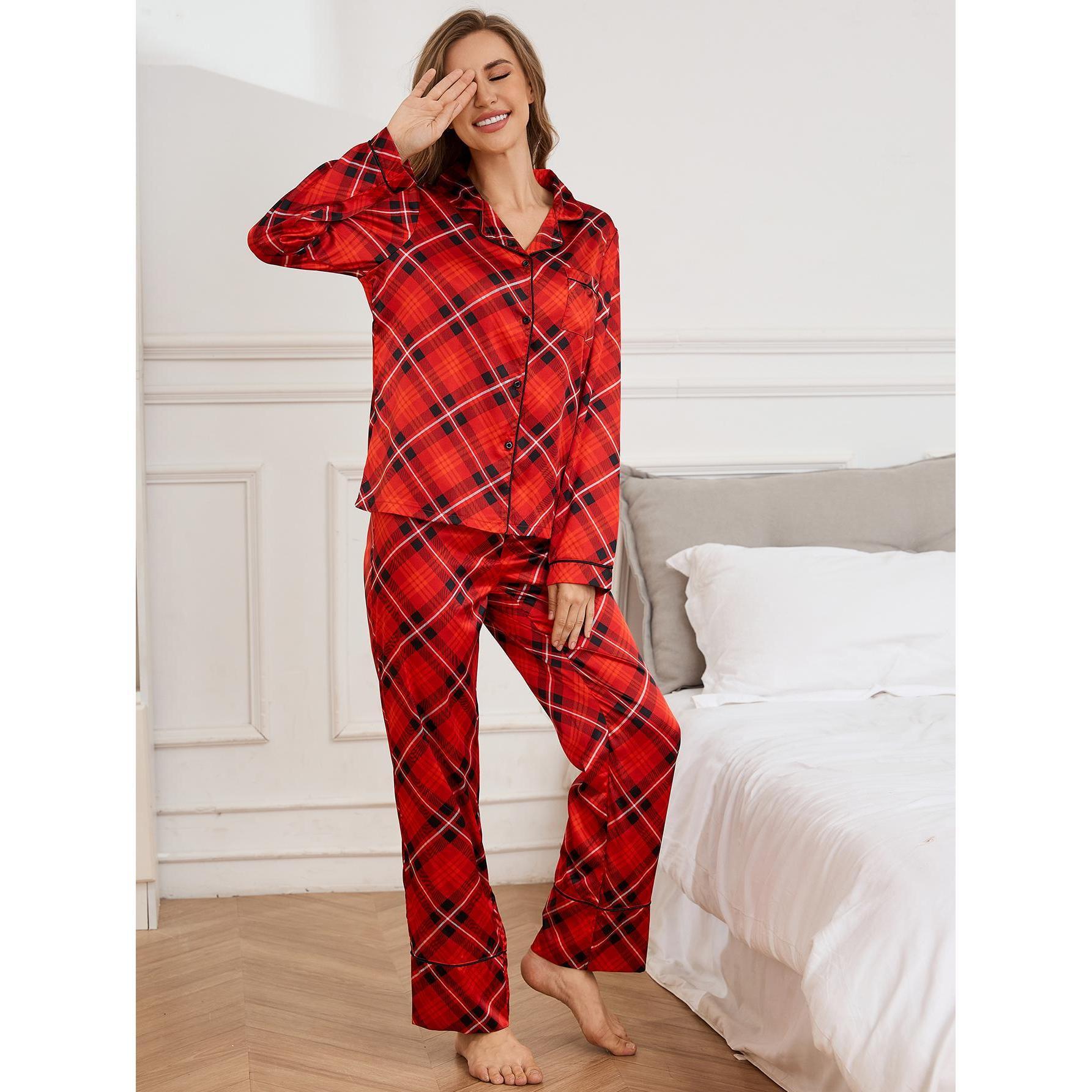 Red plaid long-sleeve pajama set from Winter Red Year Christmas Silk collection