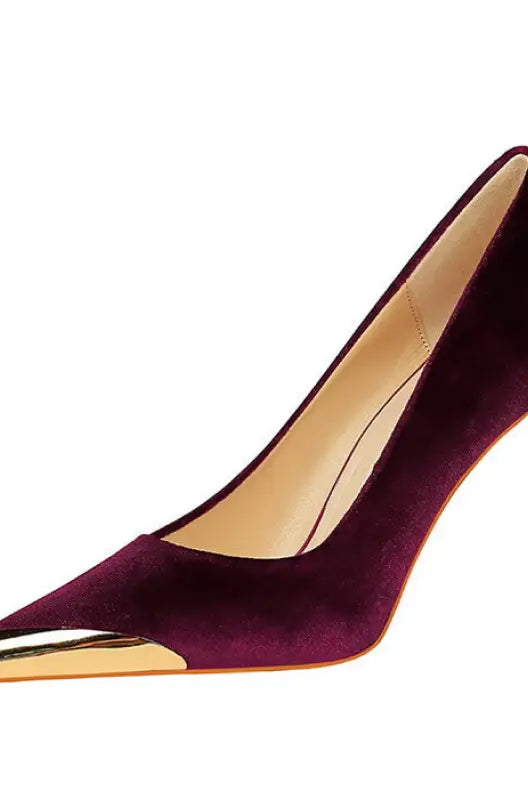 Burgundy velvet langry fashion pump with gold toe cap and stiletto heel