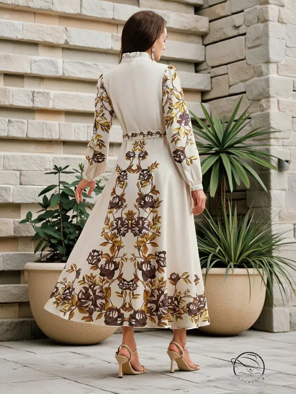 Elegant langry floral patchwork maxi dress in off-white with brown and gold embroidery