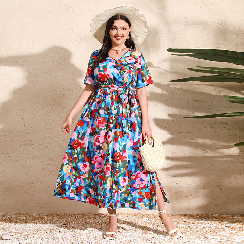 Floral print wrap dress in colorful rose design, perfect for holiday fashion and ملابس
