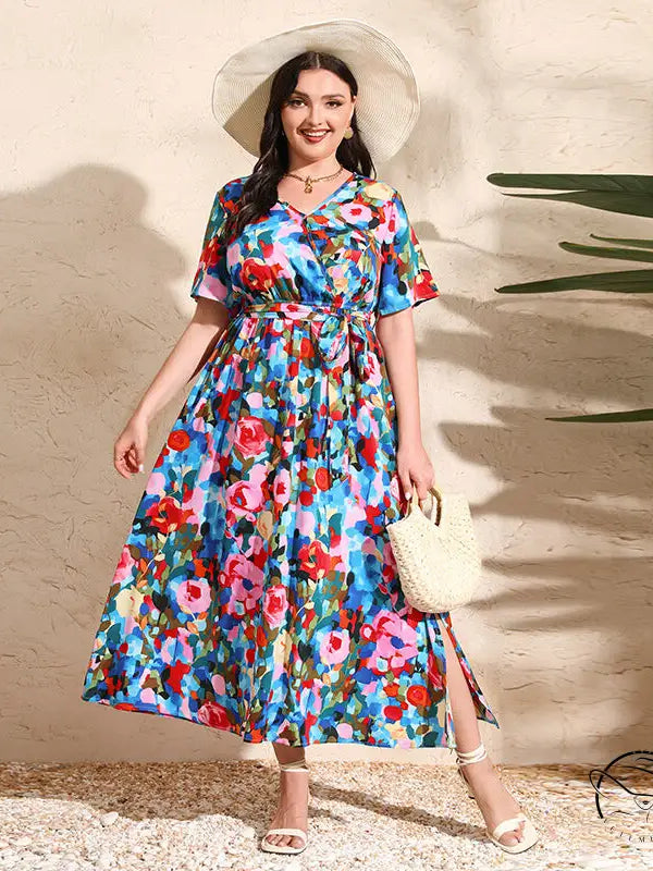 Colorful rose holiday dress with floral print wrap in v neck chiffon