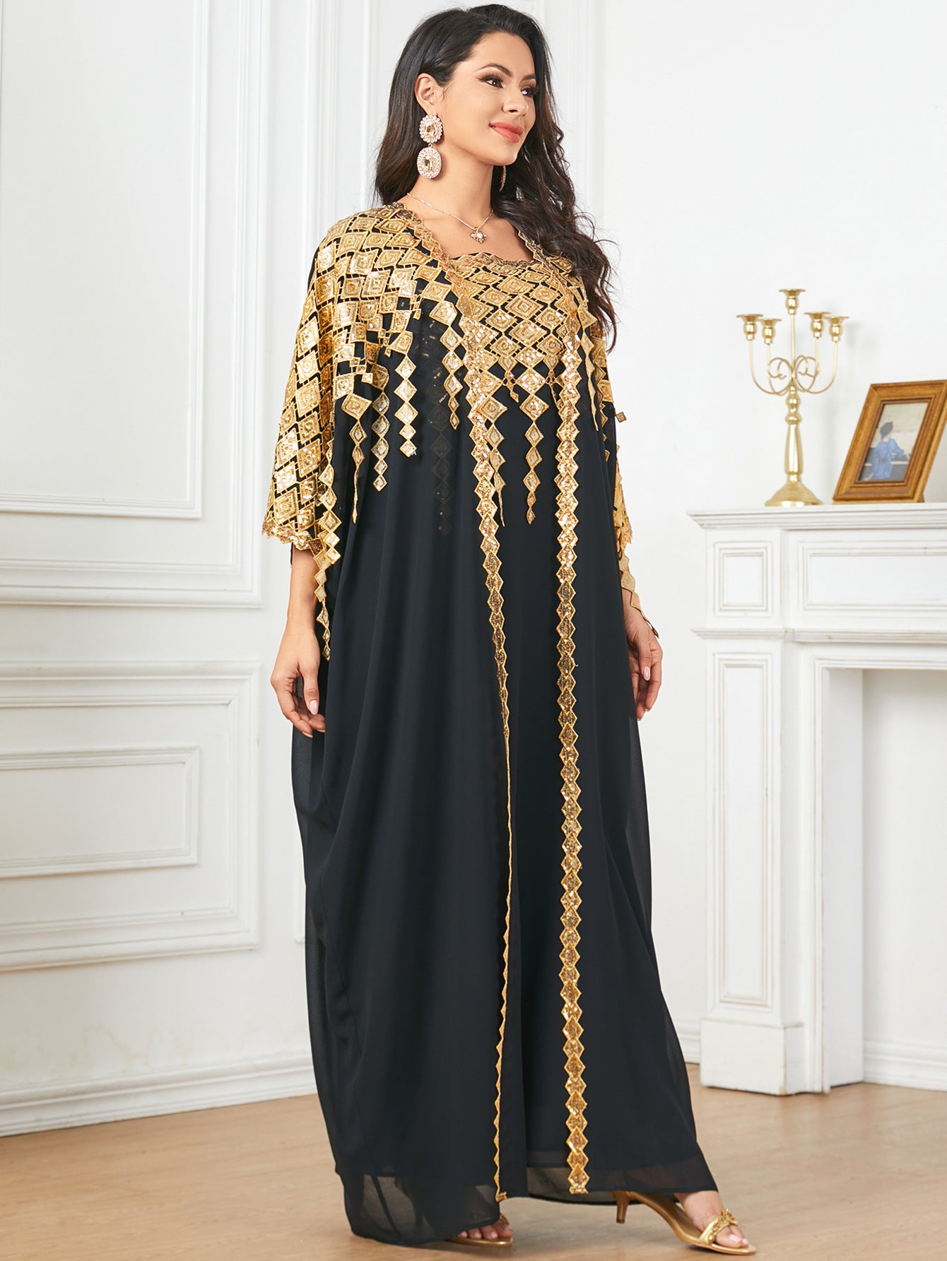 Langry black and gold embroidered kaftan dress in fashion ملابس