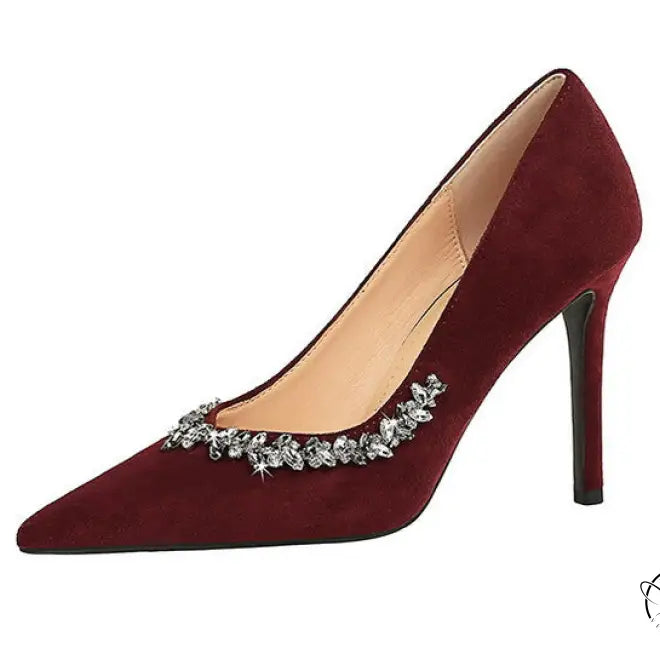 Burgundy suede Rhinestone Cocktail Stiletto Heel with toe embellishment