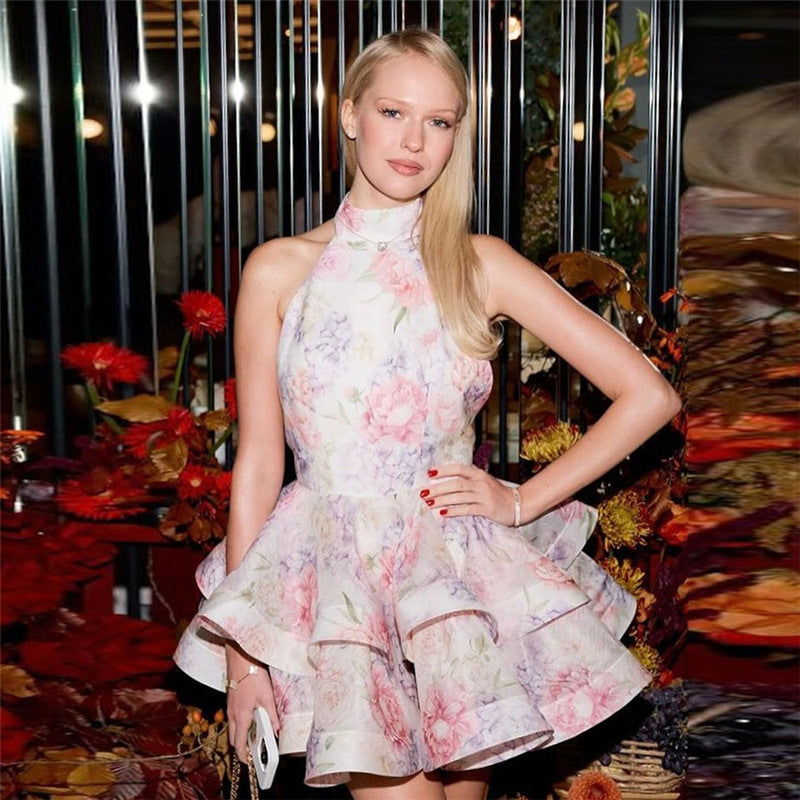 Floral halter dress with pink and white tiered ruffles for trendy fashion ملابس