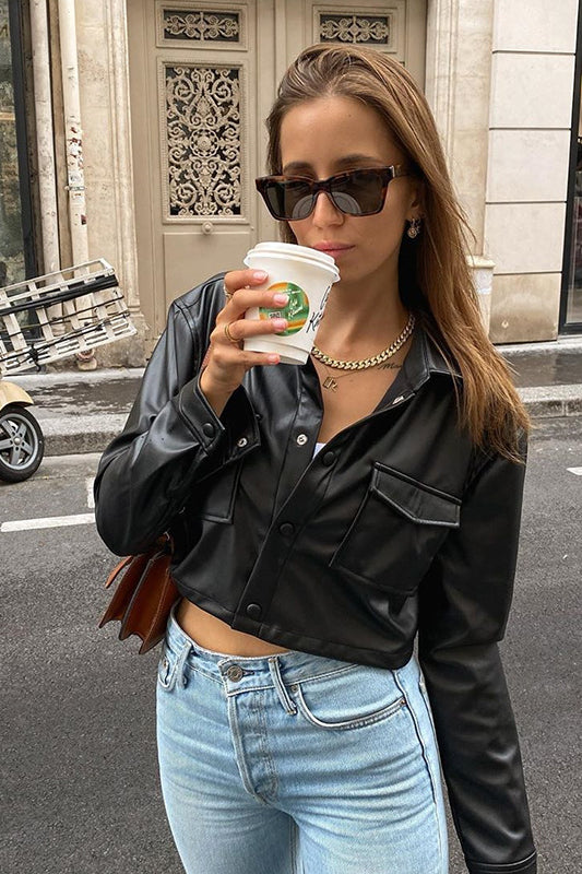 Langry fashion black cropped leather jacket with front pockets for winter