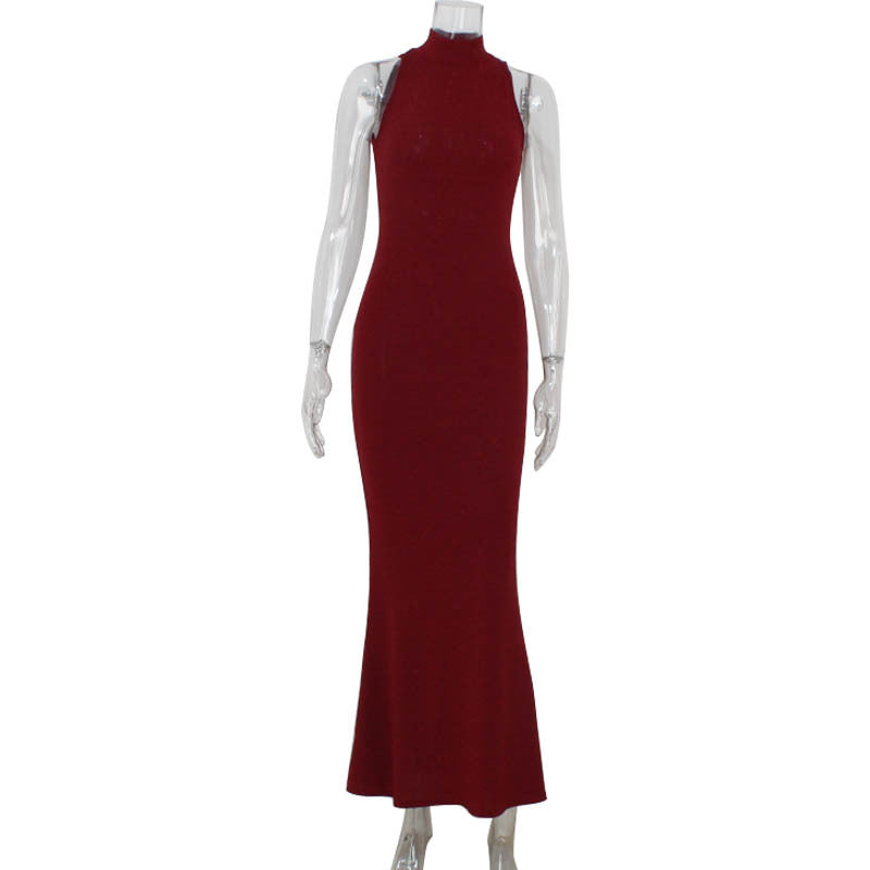 Burgundy sleeveless high-neck mermaid gown from Elegant Halter Sheath Fishtail Dress