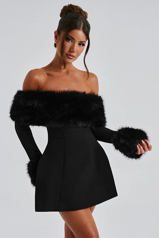 Black off-the-shoulder mini dress with faux fur trim, perfect for trendy fashion ملابس