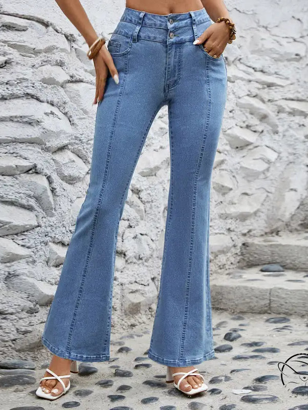 Stretch casual straight denim trousers in light-wash blue with high waist flare