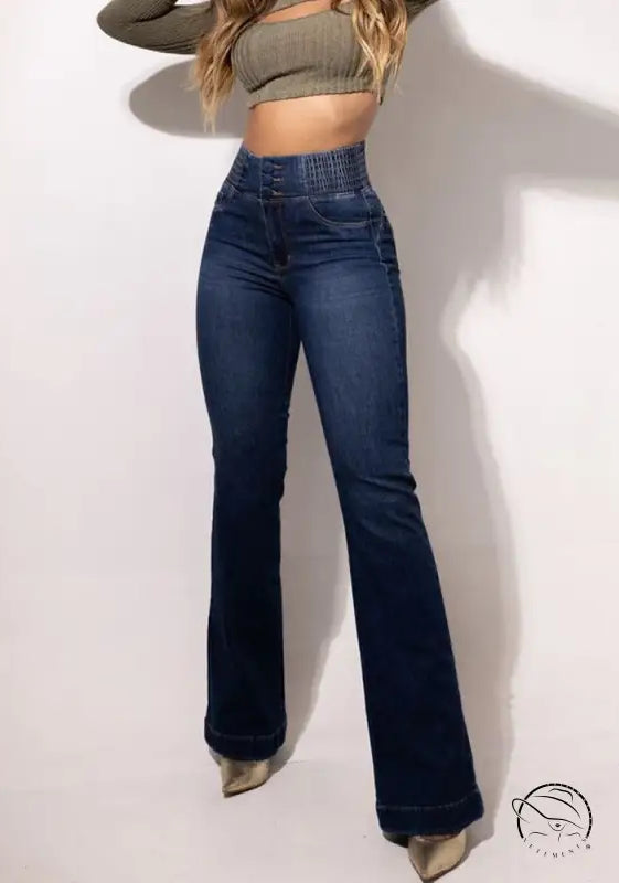 High-waisted dark-wash flare jeans with stretch hip lifting denim