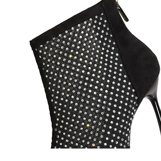 Langry fashion black studded ankle stiletto boot with zipper