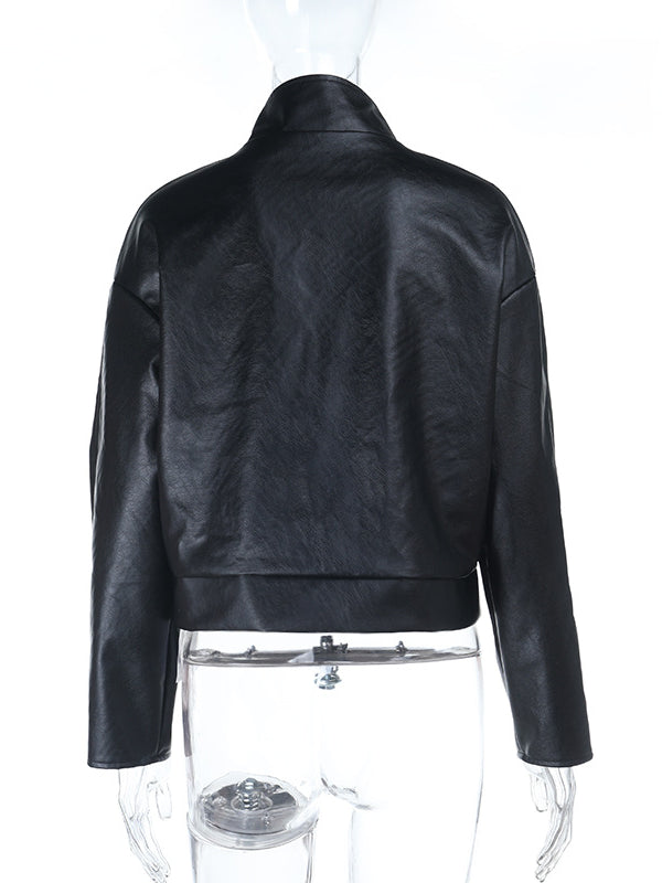 Fashionable Langry faux leather cropped jacket with high collar and zipper