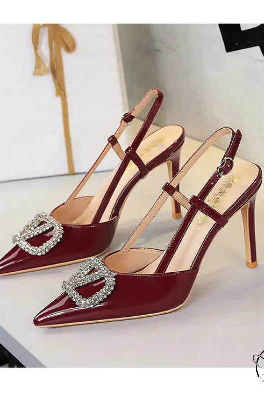 Classy langry fashion burgundy patent leather high-heeled sandals with rhinestone buckle