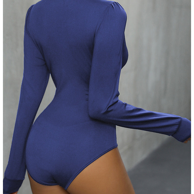 Deep blue long sleeve bodysuit featuring lace stitching and a form-fitting fashion silhouette