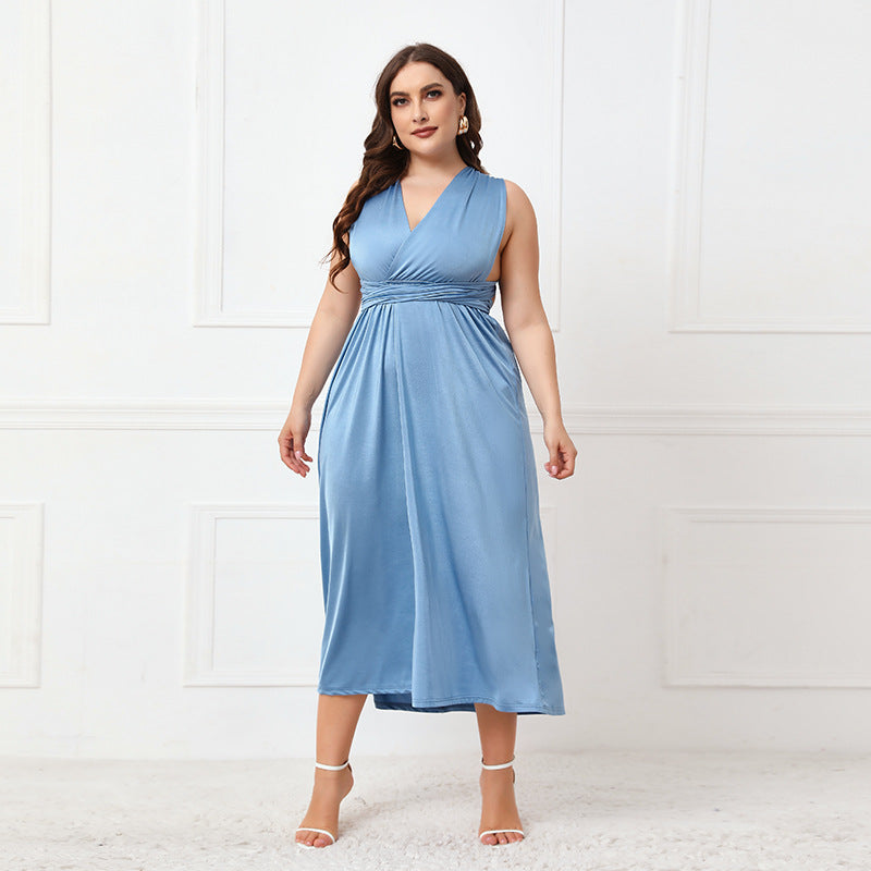 Blue sleeveless midi dress from Elegant Cross Backless Lace up Dress collection, perfect for stylish langry fashion and ملابس