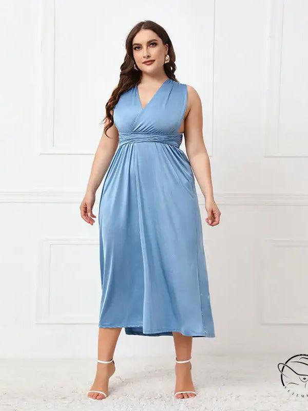 Elegant cross backless blue sleeveless midi dress