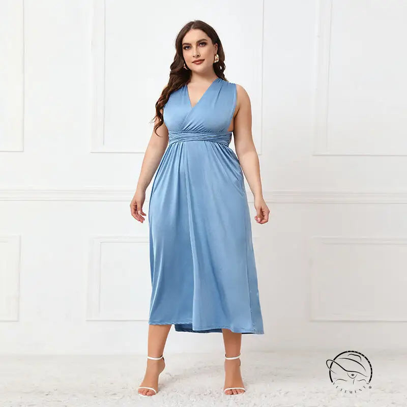 Elegant cross backless blue sleeveless midi dress