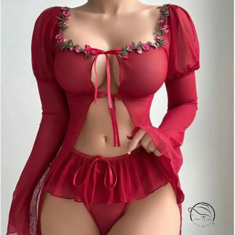 Elegant big red split skirt lingerie with sheer floral bodice and ruffled panties
