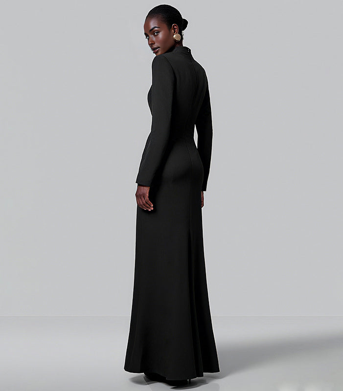 Autumn French high waist slim slit black maxi dress in langry fashion ملابس