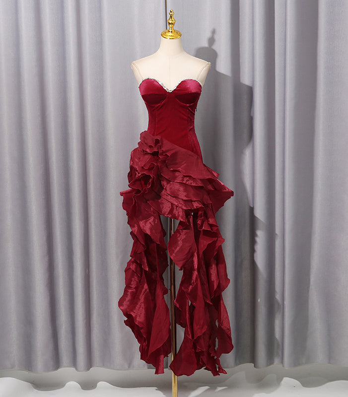 Enchanting red ruffled short evening dress in langry fashion ملابس