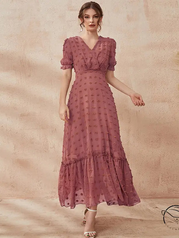 Mauve short sleeve langry fashion midi dress with v-neck and ruffle hem