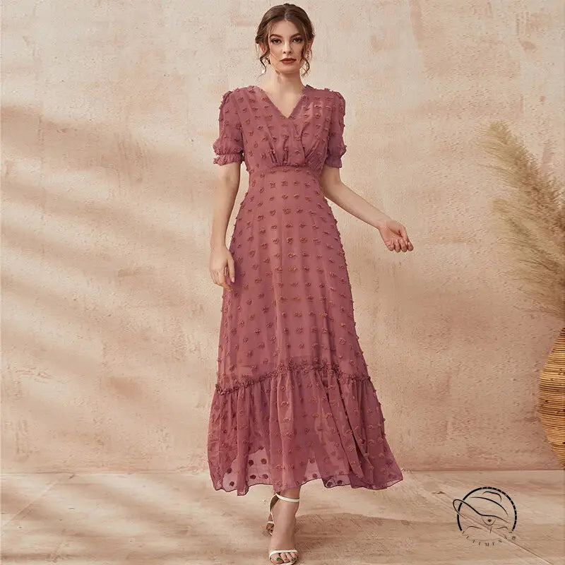 Mauve short sleeve langry fashion midi dress with v-neck and ruffle hem