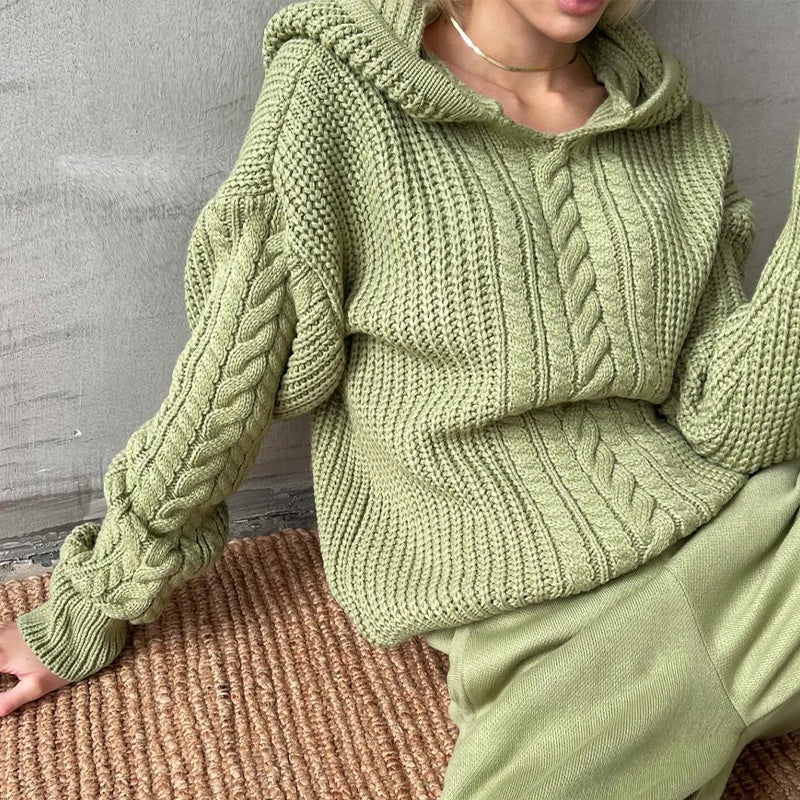 Green knitted hoodie and pants set from Casual Hooded Knitted Sweater collection, perfect for fashion and ملابس
