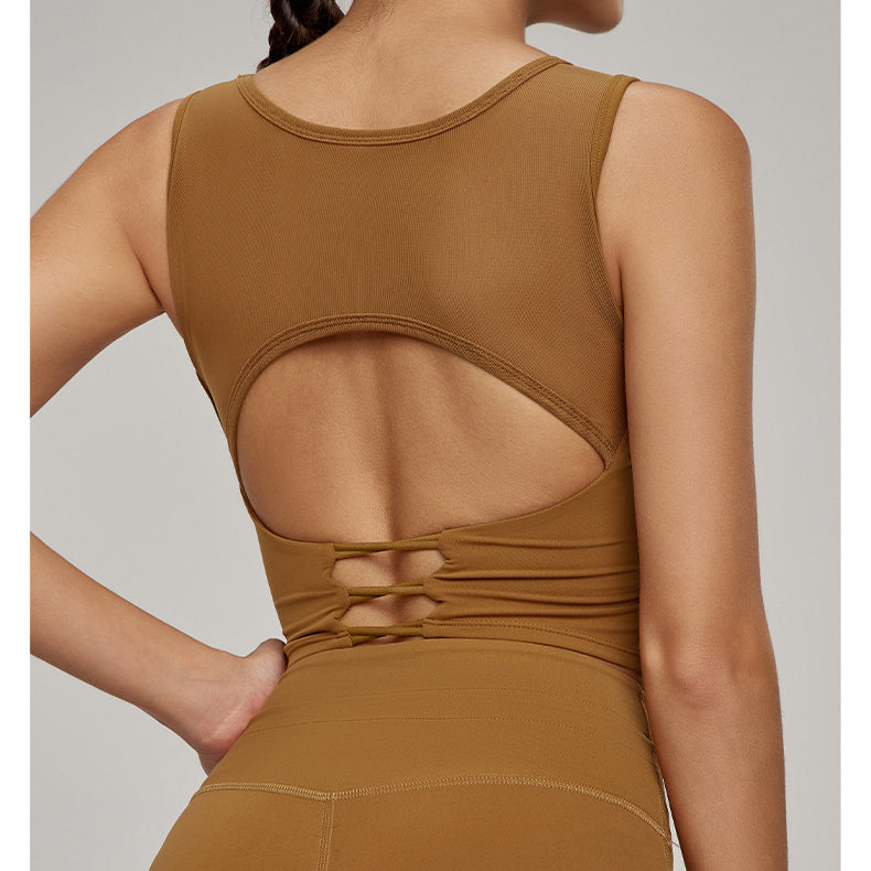 Beauty Back Mesh Workout Top in solid brown with cutout and crisscross straps for stylish fitness fashion