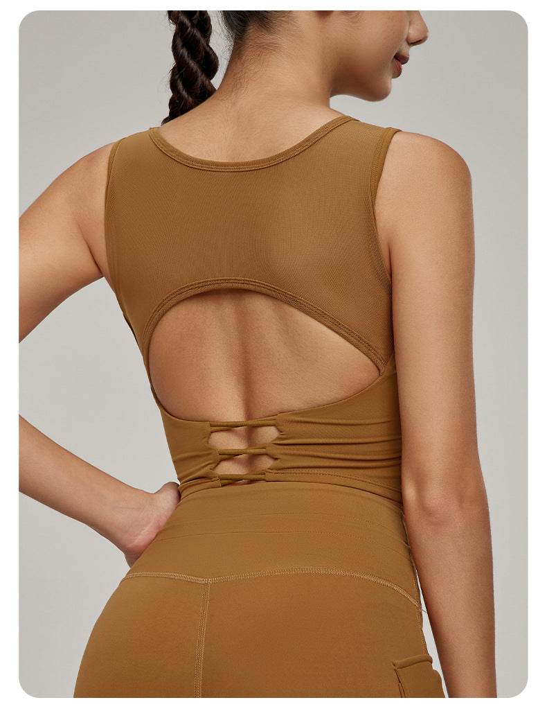 Beauty Back Mesh Workout Top in solid brown with cutout and crisscross straps for stylish fitness fashion