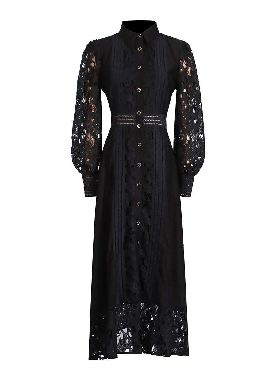 Long-sleeved black lace maxi dress for women in elegant summer fashion