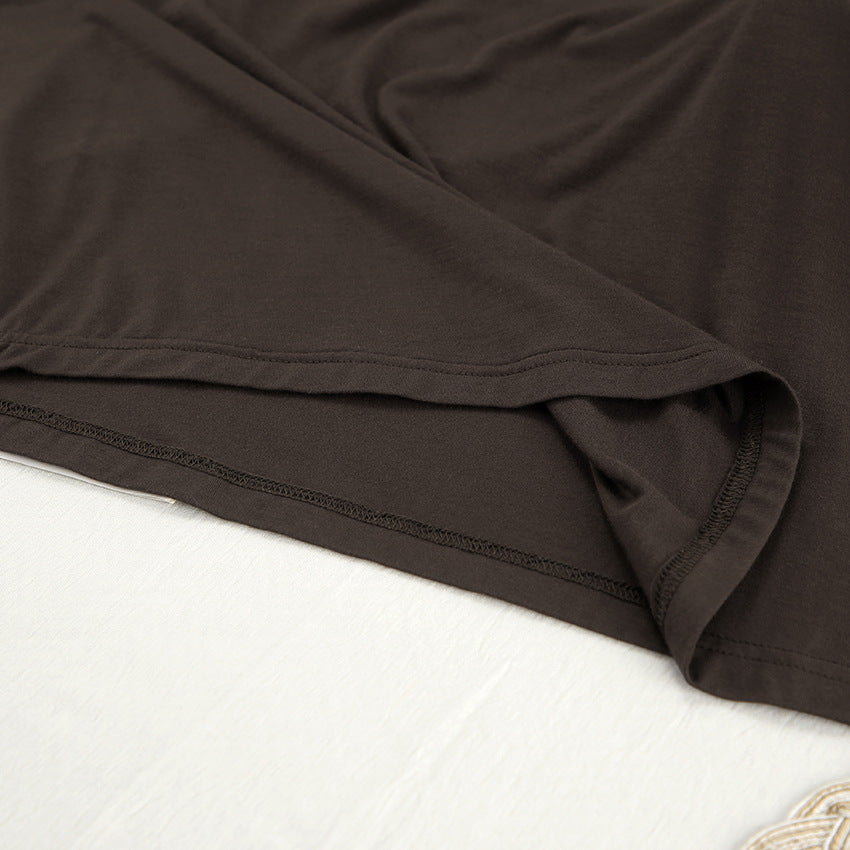 Dark brown fabric with visible stitching for fashionable round neck women’s homewear pajamas